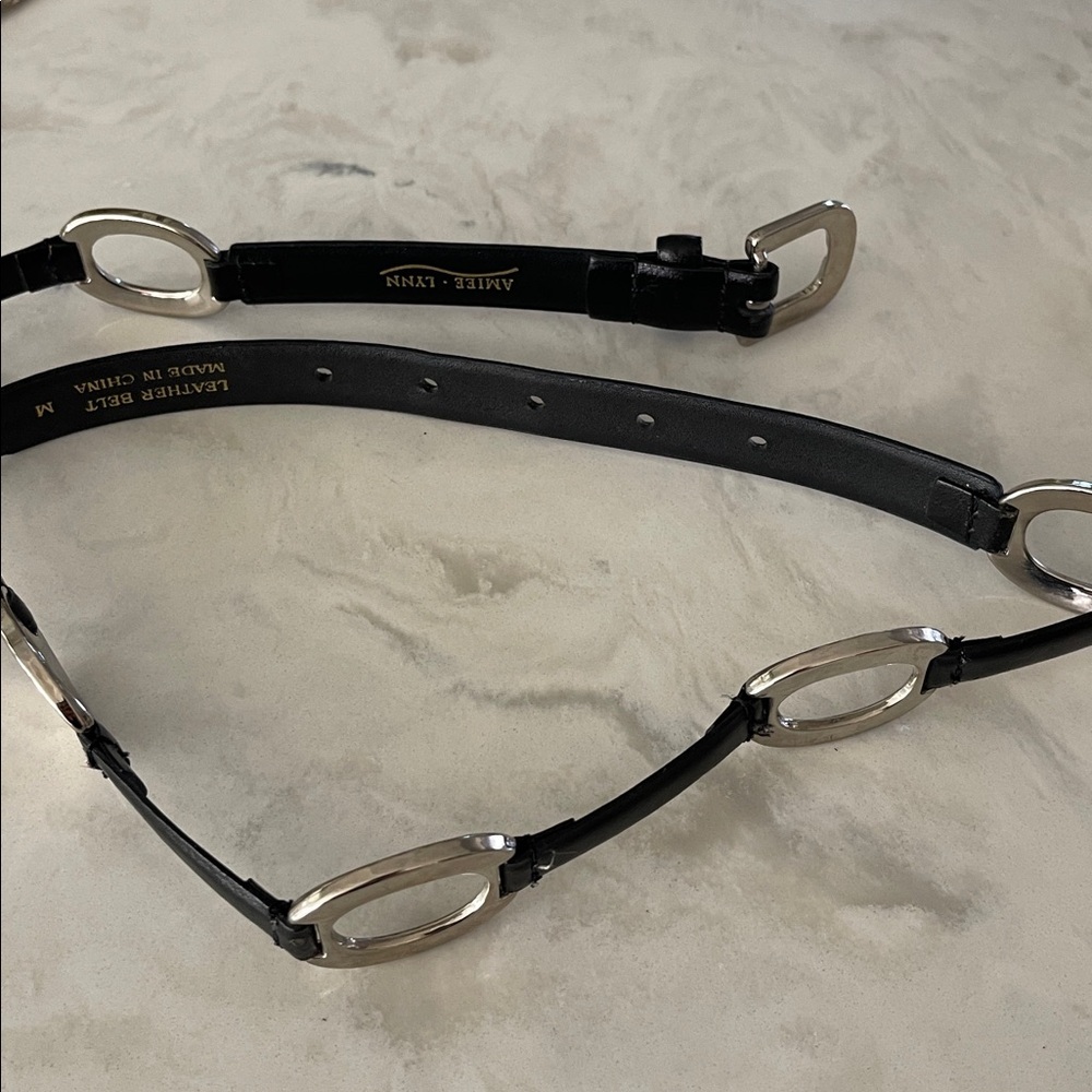 Amiee Lynn black leather belt silver tone oval links size M - Picture 17 of 17